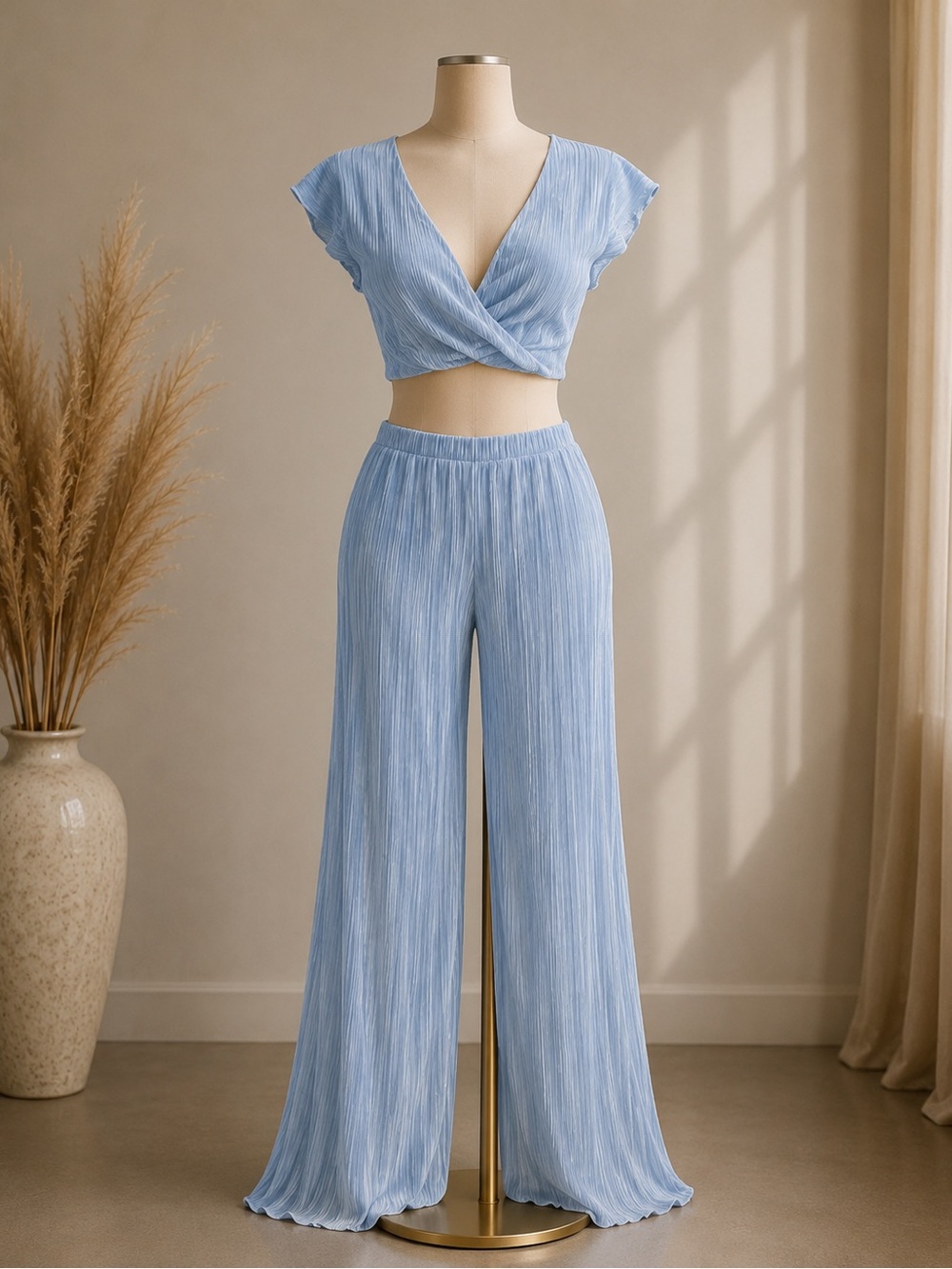 Light Blue Pleated Wide-Leg Pants - Women's